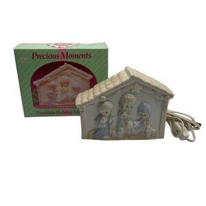 Vtg Precious Moments Porcelain Holiday Night Light Nativity Light Up Manger 1994